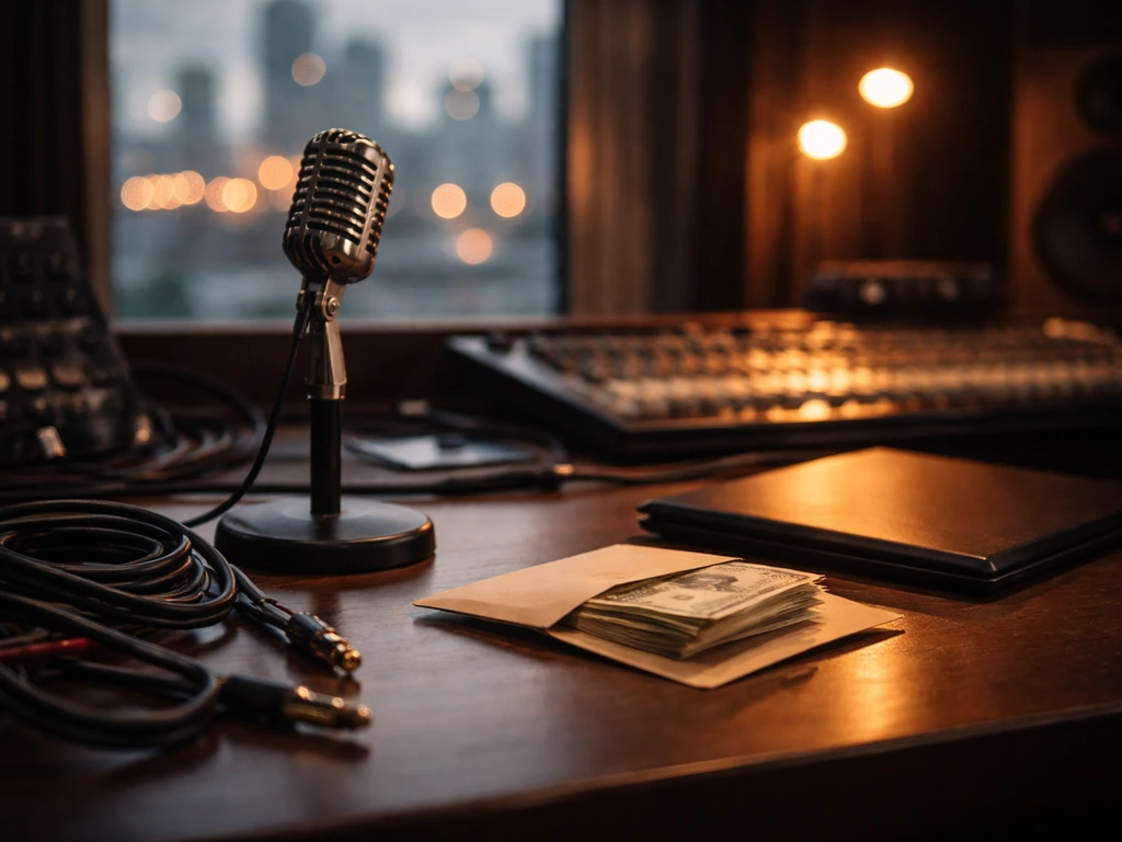 Studio desk with a microphone and a sealed cash envelope, symbolizing music industry money range topic.