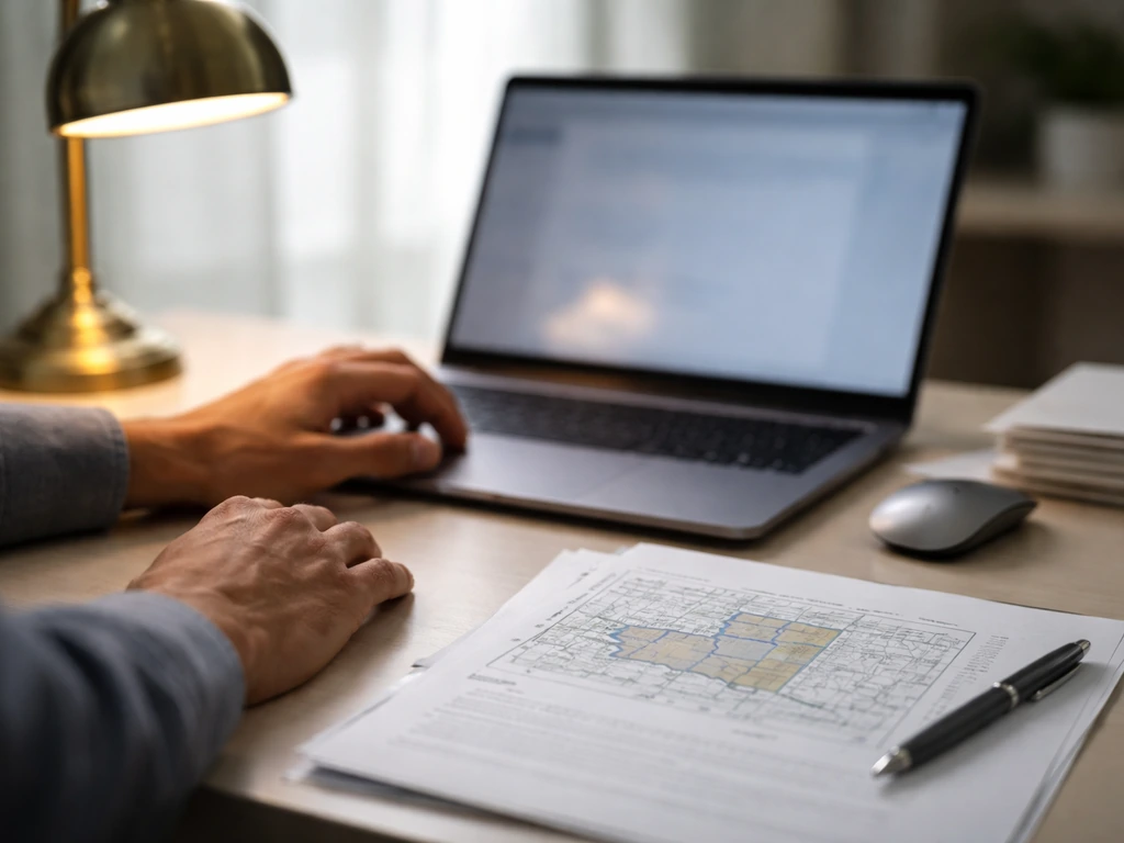Hand using a laptop to search county property records, with a paper parcel document on a desk