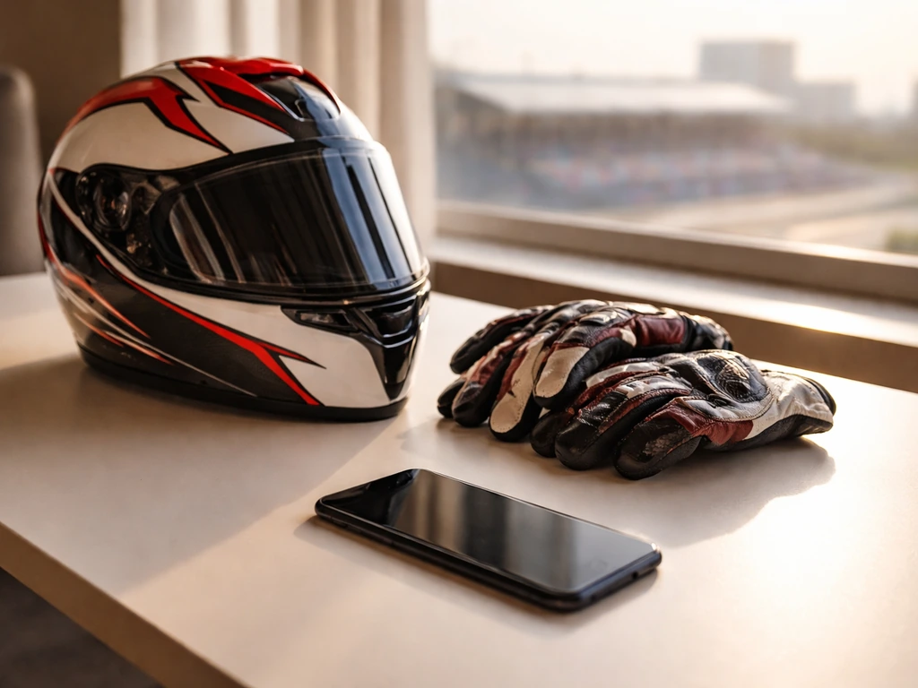 Ducati-style helmet and gloves on a desk with a turned-off phone, hinting at motorsport wealth.