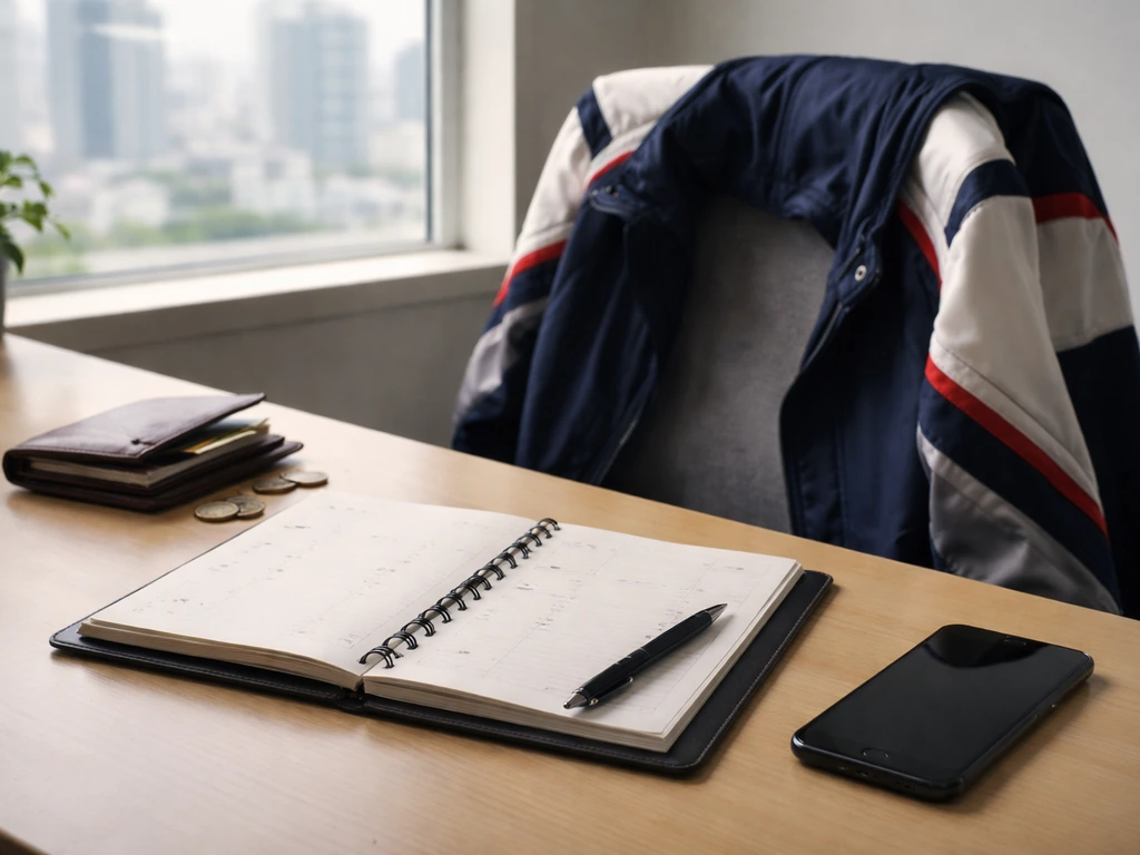 Minimal office scene with a leather wallet, planner, and a folded racing jacket suggesting a contract transition.