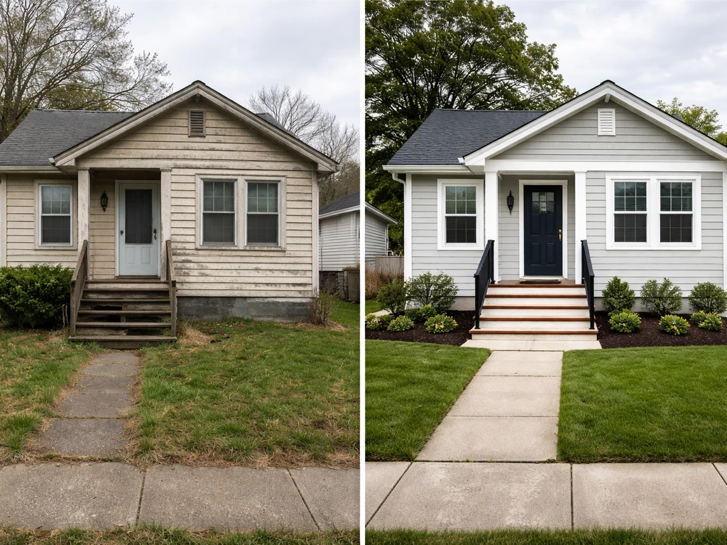 Split-view house flip photo: renovated exterior facade on one side, older weathered facade on the other