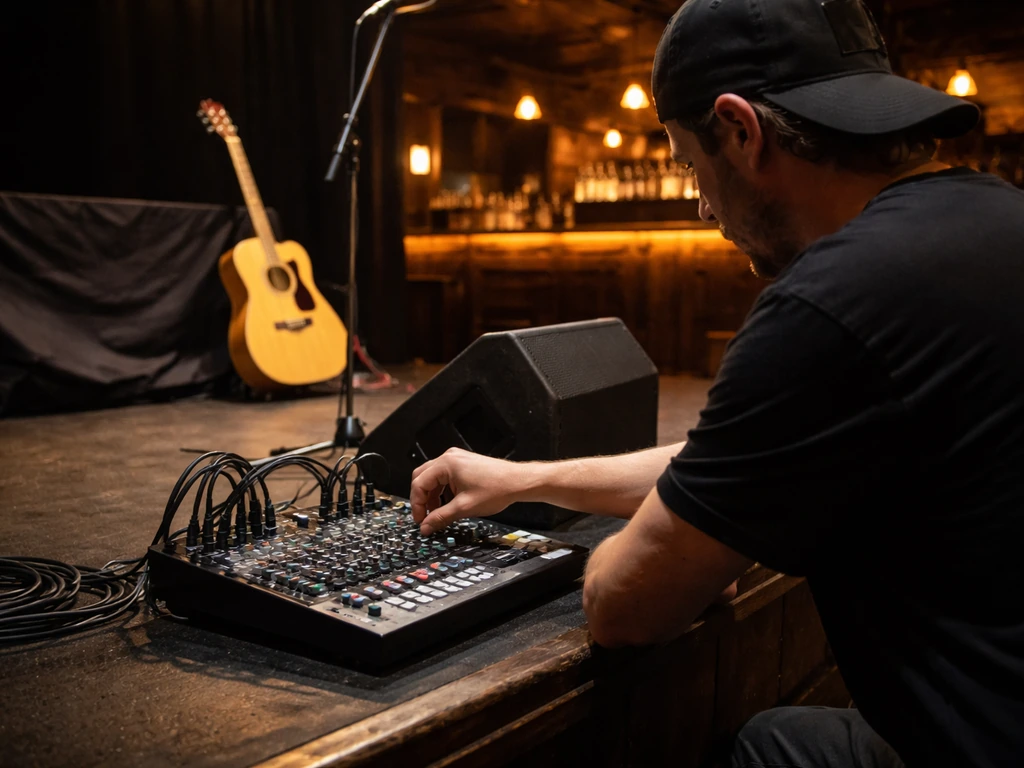 Anonymous music producer adjusting a mixer at a small live venue with warm lighting and a mic stand nearby.