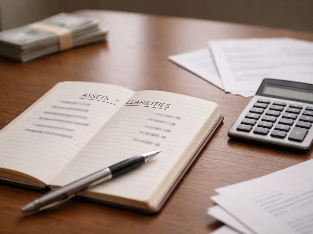 Close-up of a notebook and calculator showing simple asset minus liability calculation in a calm office desk scene.