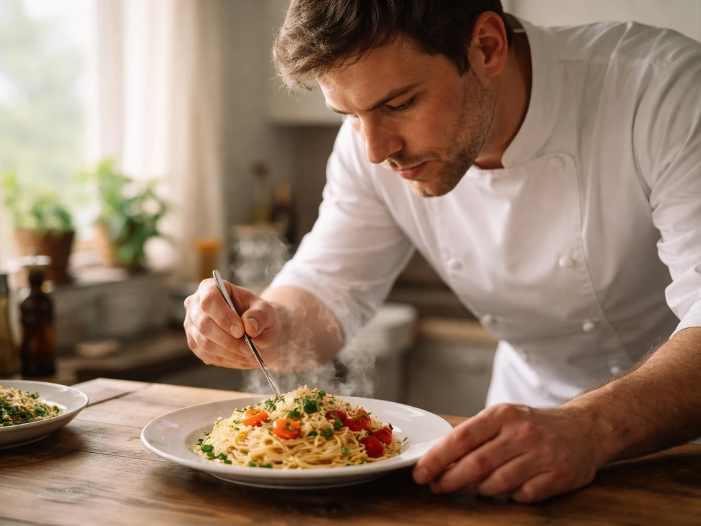 Anonymous chef plating pasta in a bright kitchen, evoking a competitive TV cooking finale atmosphere.