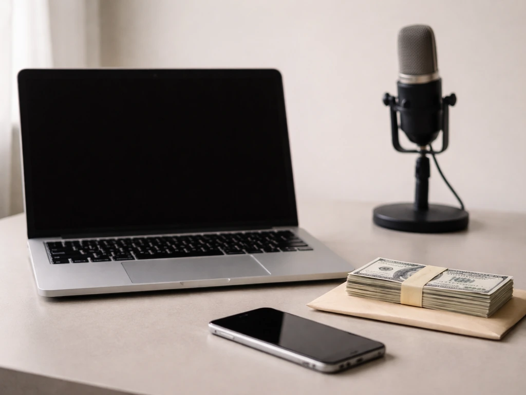 Open laptop with cash, envelope, and microphone on a simple desk suggesting net-worth analysis.