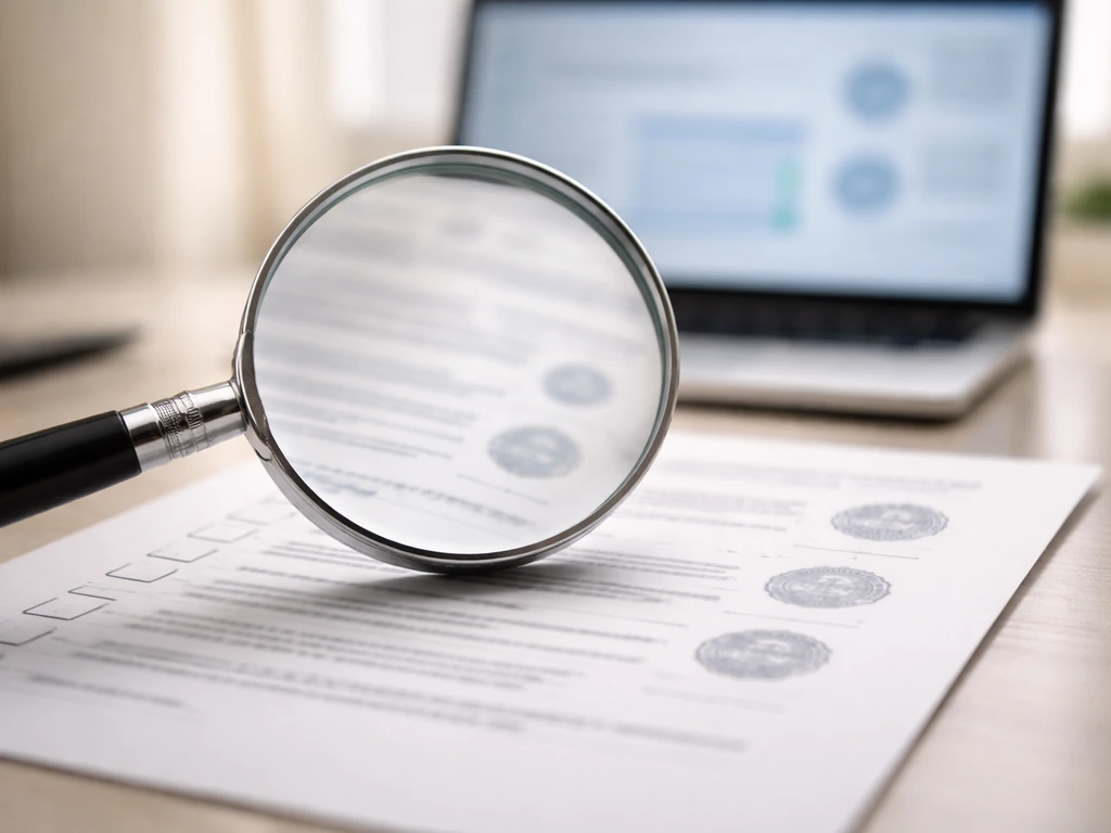 Magnifying glass examining blurred finance documents with generic checkboxes and verification seals on a desk.